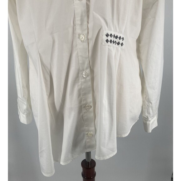 CaBI Asymmetrical Tunic Blouse Size XL Ivory Chic Button Up Long Sleeve Studded - Picture 4 of 13